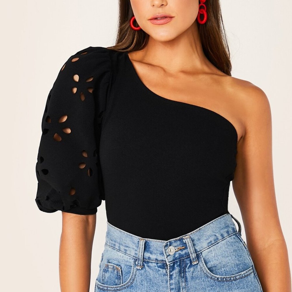 Black One Shoulder Laser Cut Sleeve Top